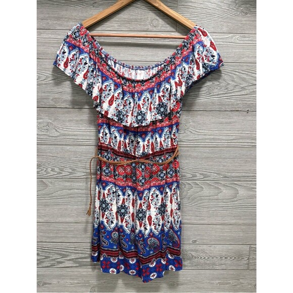 No Boundaries Dresses & Skirts - Boho Festival Peasant Mini Dress M Paisley USA Red White & Blue Western Coquette